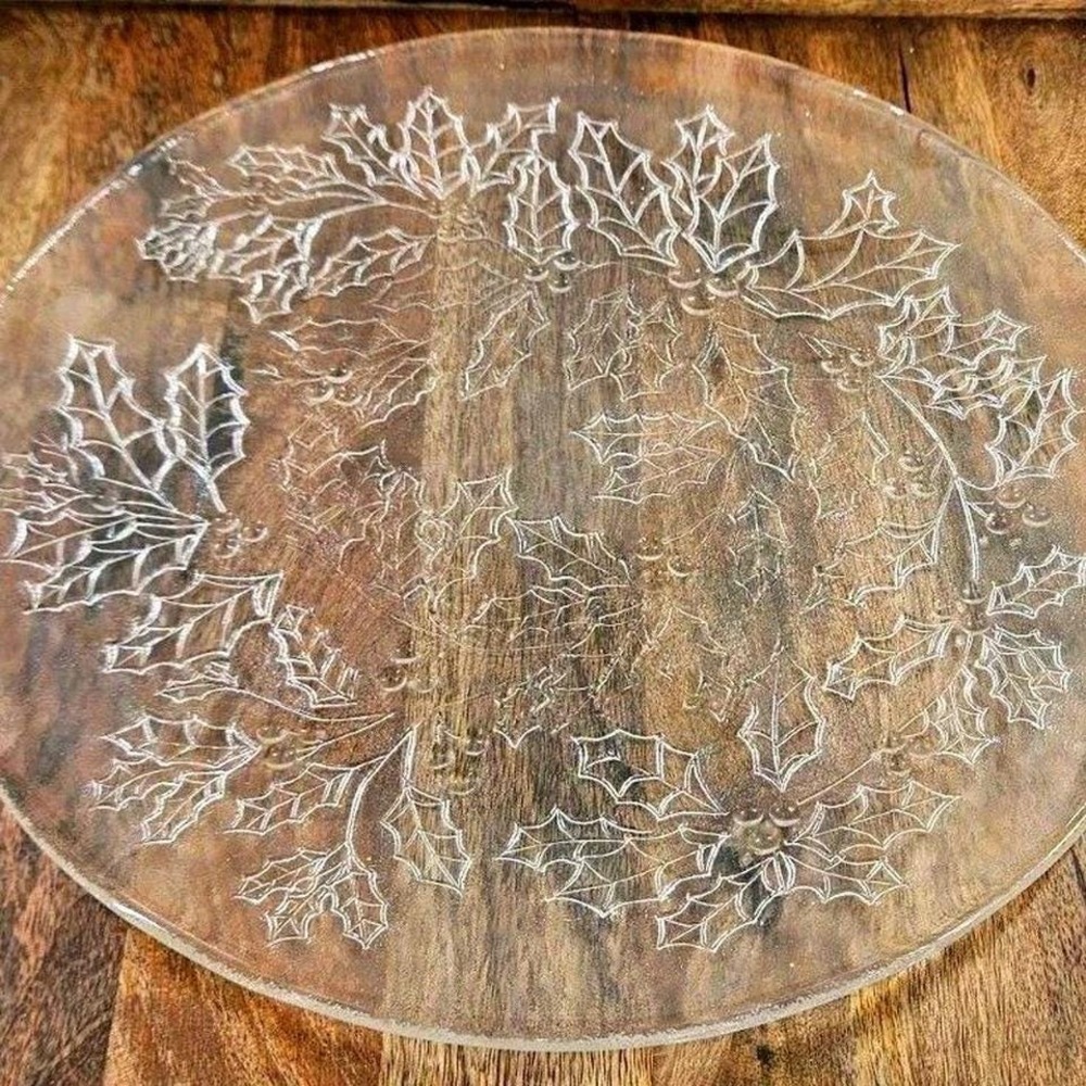 Vintage 70s Clear frosted galss embossed holiday Christmas serving‎ tray platter